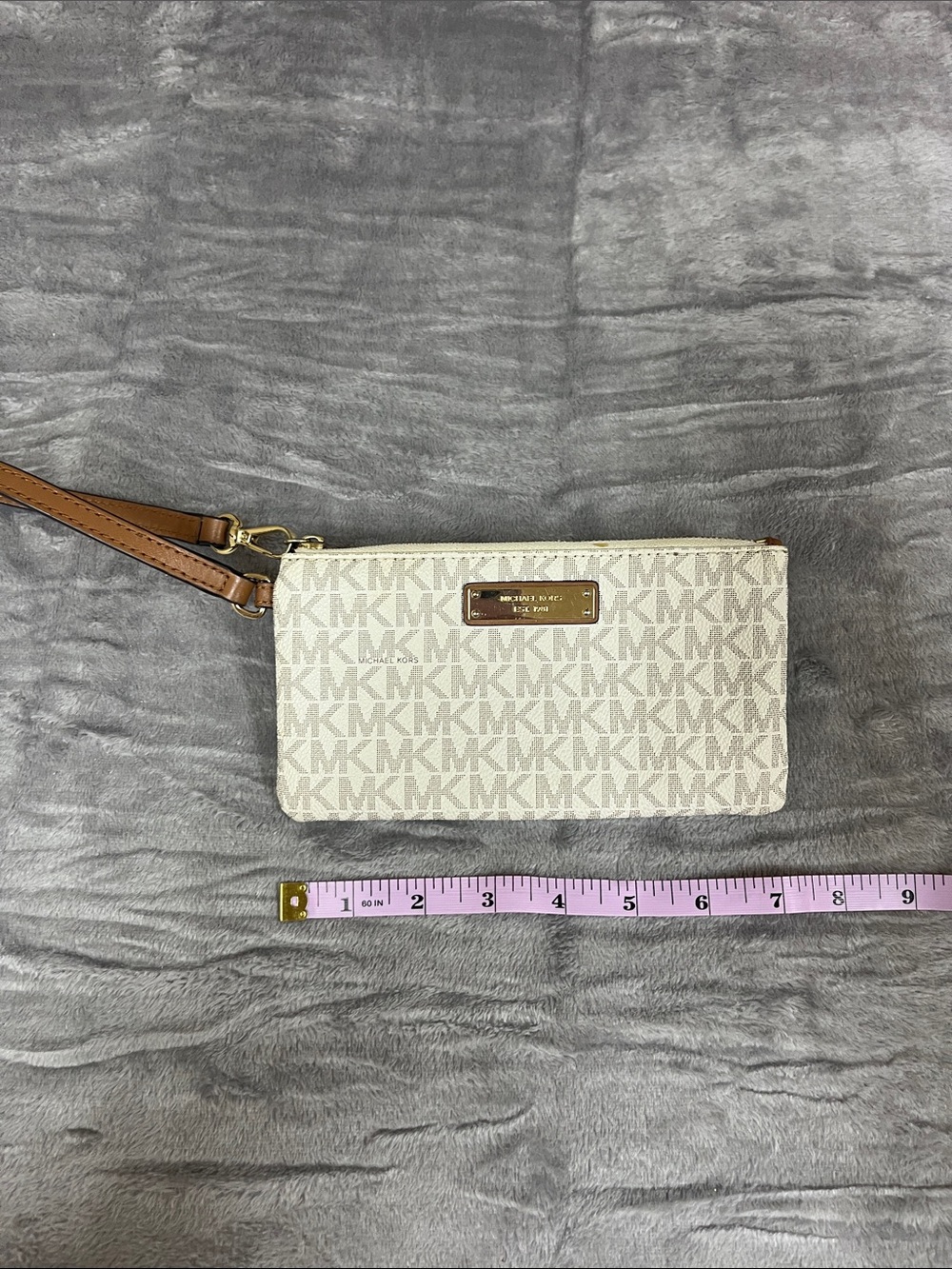 Michael Kors Cream & Tan Signature Canvas Wristlet with Gold Hardware